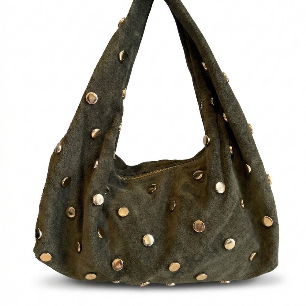 Elegant Olive Green Hobo Shoulder Bag in Genuine Suede Leather - Made in Italy - Picture 5 of 8